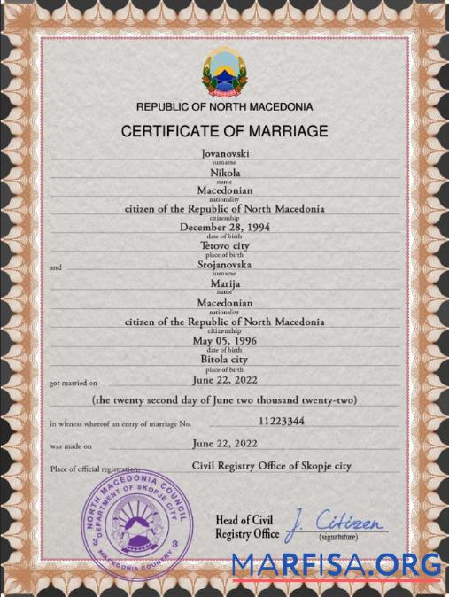 Realistic North Macedonia marriage certificate PSD template